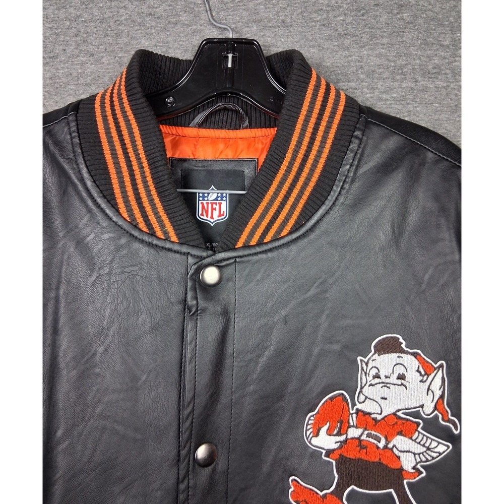 NFL Jacket XL Cleveland Browns NFL Brownie the Elf Faux Leather Bomber Varsity